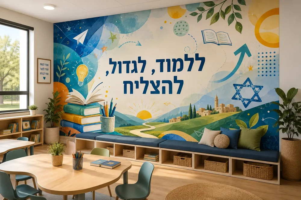 קולאז' מאויר עם ספר פתוח, עפרונות, נורה, ונוף זריחה בצבעי כחול, ירוק וצהוב.