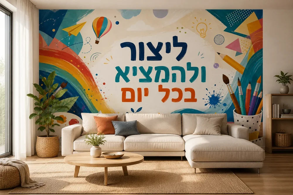טפט עם קשת צבעונית וכלי אומנות על קיר בכיתה עם שולחנות וכיסאות בהירים.