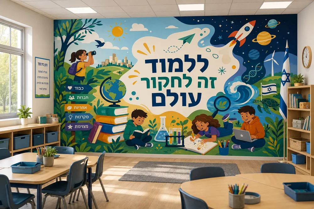 טפט עם ילדים לומדים מוקפים בסמלים חינוכיים על קיר בכיתה עם שולחנות וכסאות