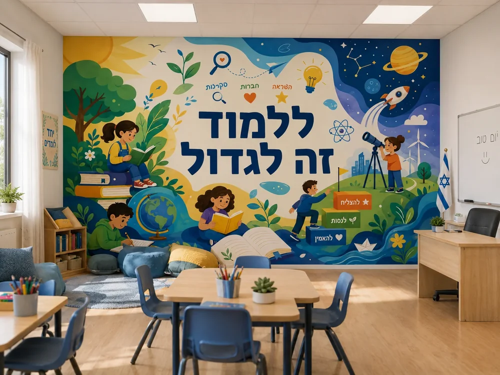טפט ילדים עם טלסקופ ופעילויות למידה על קיר בכיתה עם שולחנות וכיסאות