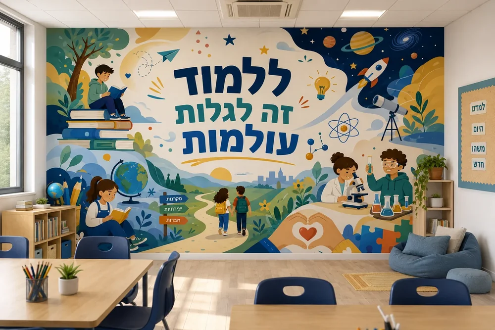 חדר ילדים עם טפט ילדים קוראים ועושים ניסויים מדעיים, שולחן כתיבה לבן וכיסאות צבעוניים
