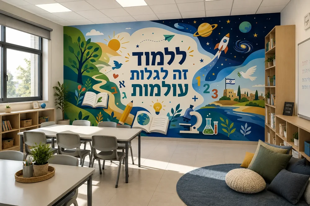 טפט נוף חינוכי עם ספרים, עיפרון ומיקרוסקופ על קיר בכיתה עם שולחנות וכיסאות.