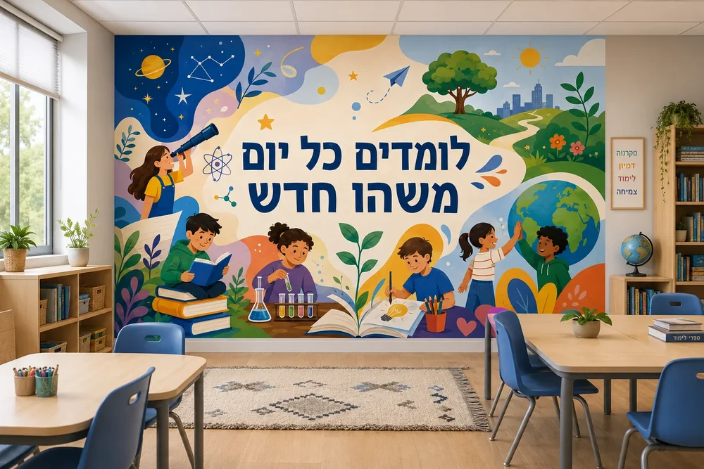 טפט עם תמונות ילדים לומדים על קיר בכיתה, עם שולחנות וכיסאות עץ