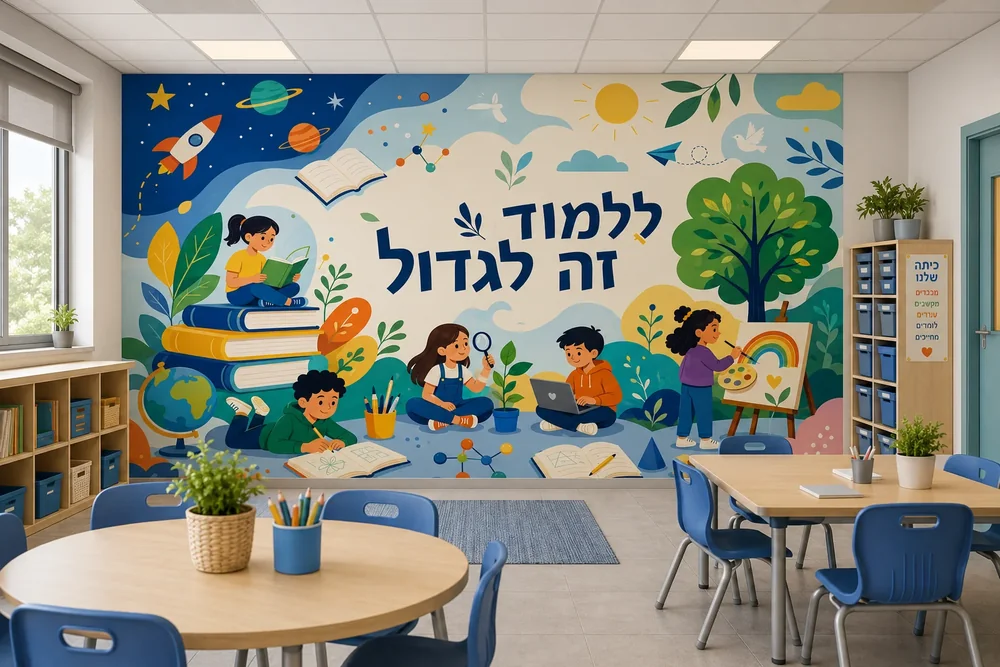 טפט ילדים לומדים בחדר עם ספרים וגלובוס, על קיר כיתה מוארת עם שולחנות עץ וכיסאות.
