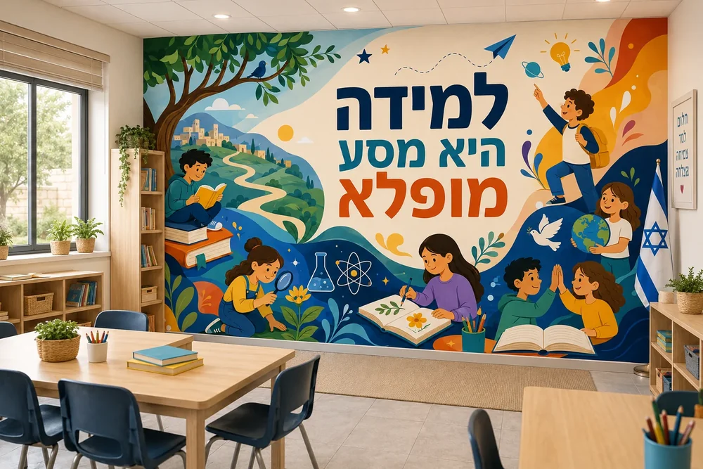 טפט עם ילדים לומדים בסביבה טבעית על קיר בכיתה עם שולחנות עץ ואור טבעי