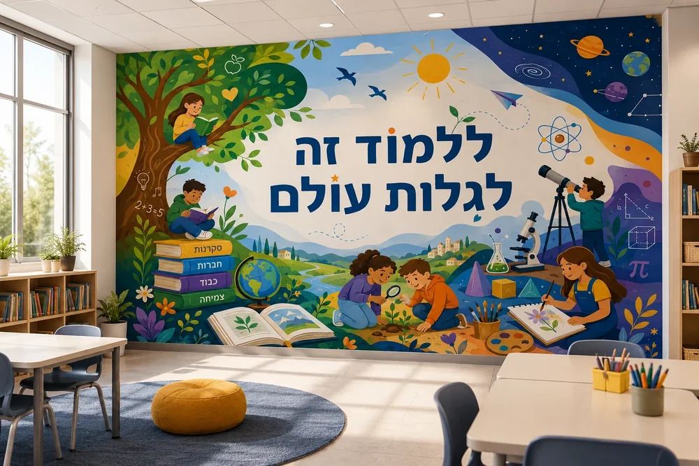 טפט ילדים לומדים על קיר בחדר כיתה עם שולחנות וכיסאות בהירים
