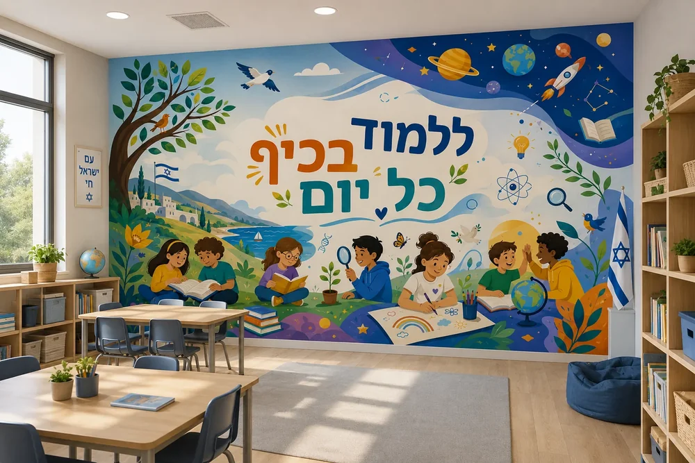 טפט ילדים לומדים בטבע על קיר בכיתה עם שולחנות עץ וחלונות גדולים