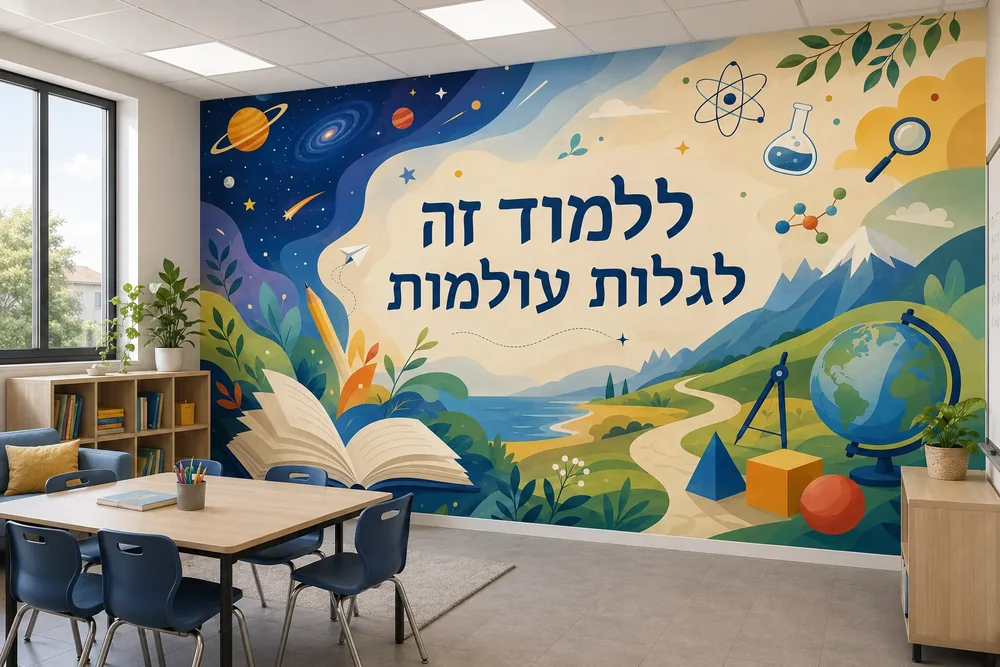 טפט עם ספר פתוח וכוכבי לכת על קיר בכיתה עם שולחנות וכיסאות עץ בהירים.