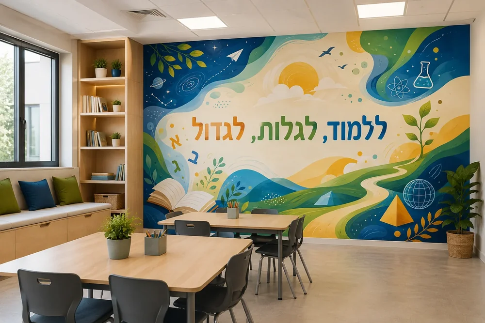 טפט של ספר פתוח עם אלמנטים של טבע ומדע על קיר בכיתה עם שולחנות וכיסאות.