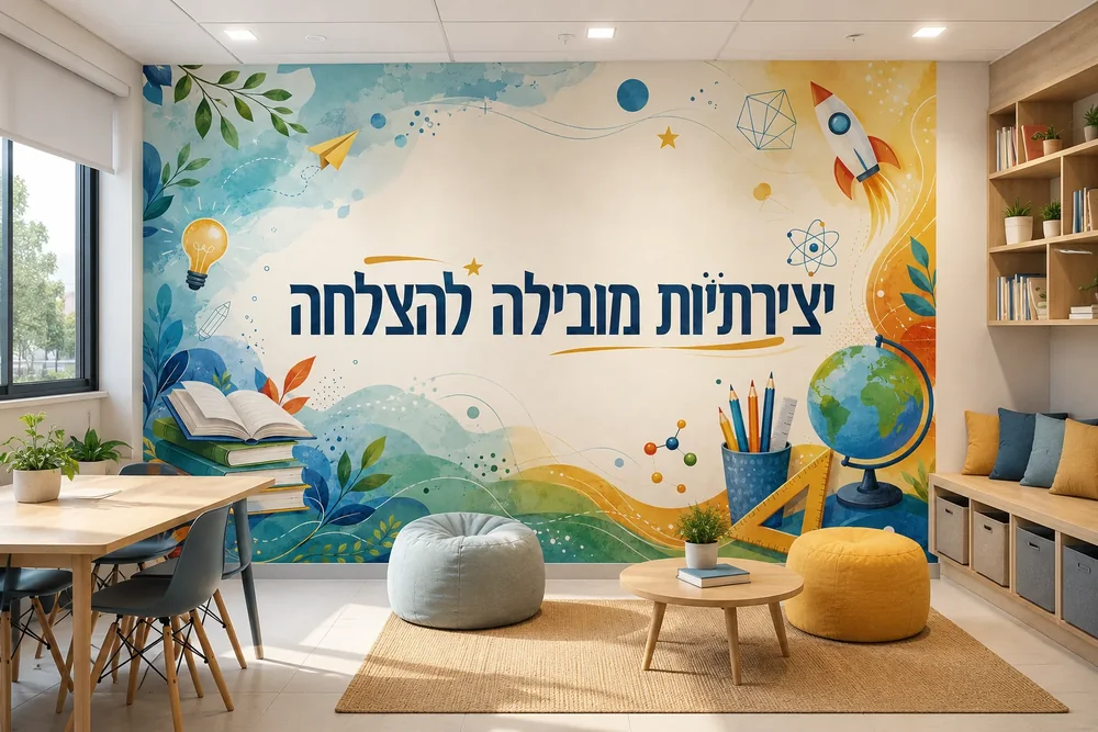 טפט עם מוטיבים חינוכיים על קיר בכיתה עם שולחנות וכיסאות עץ, תאורה טבעית רכה.