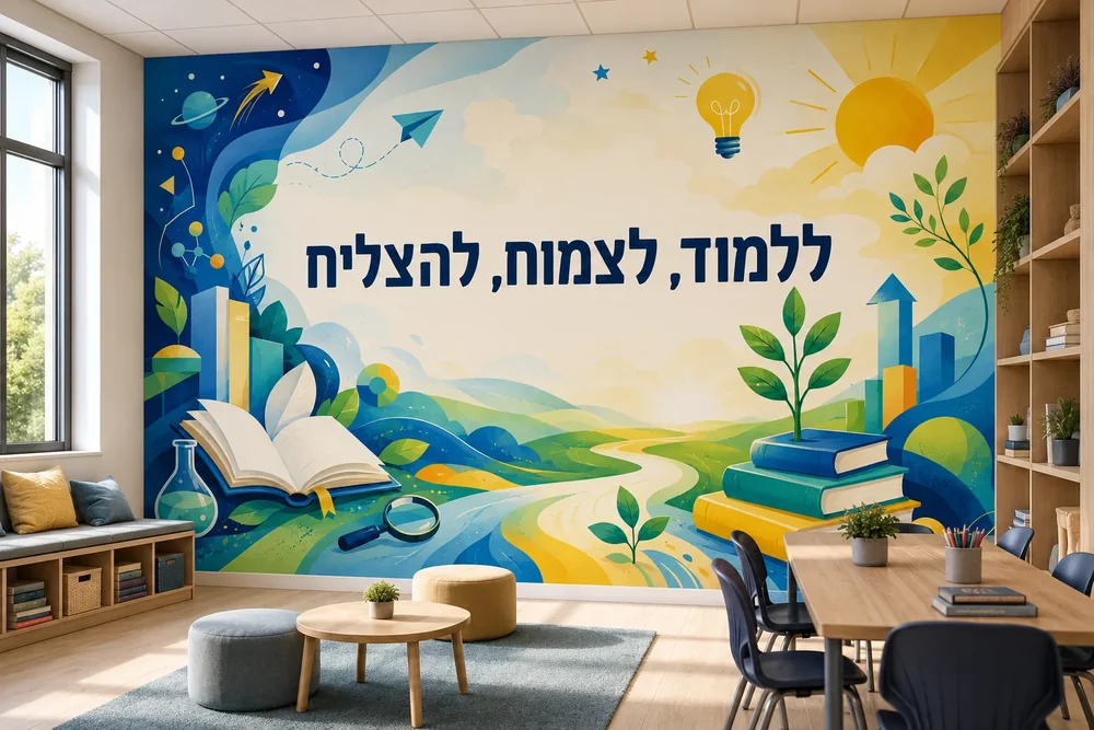 ספר פתוח עם זכוכית מגדלת, בקבוקון ועלים, נוף נהר בצבעי כחול, ירוק וצהוב