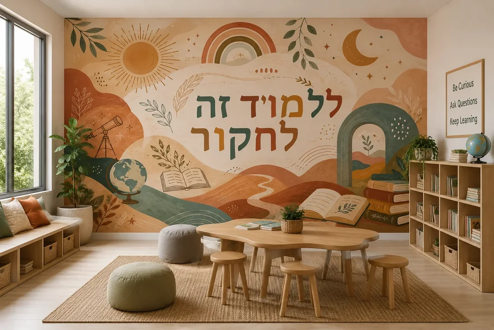 טפט עם סצנה חינוכית על קיר בכיתה, עם שולחנות עץ וכיסאות ירוקים מסביב.