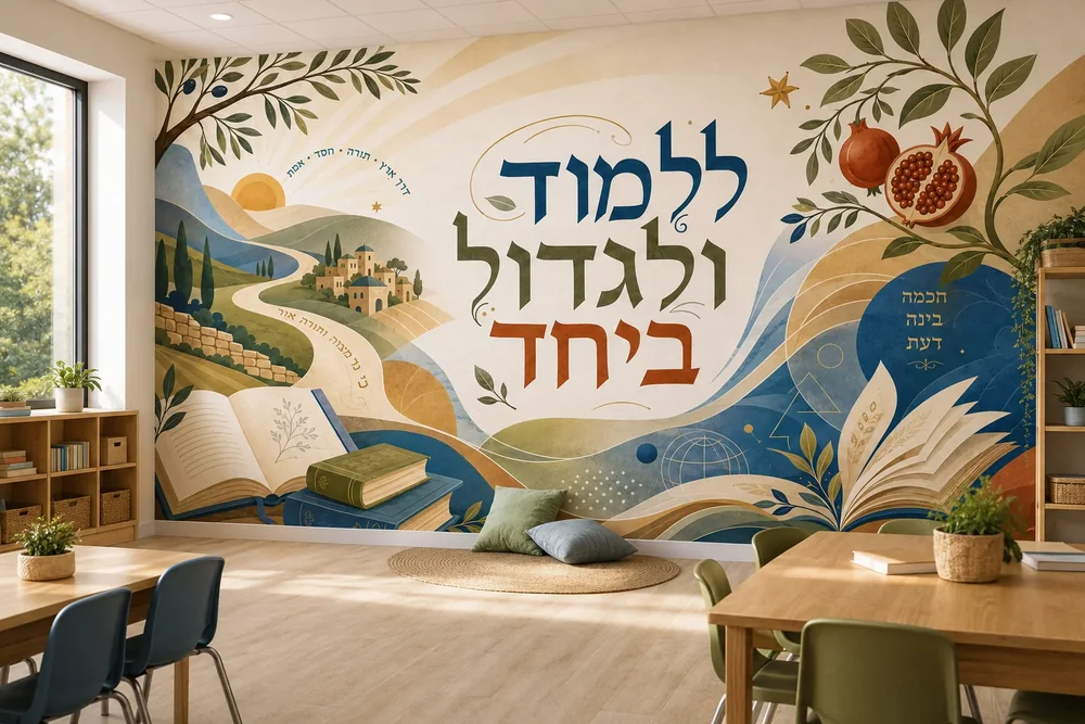 טפט עם נוף וספרים על קיר בכיתה, עם שולחנות לימוד וכיסאות עץ באור טבעי
