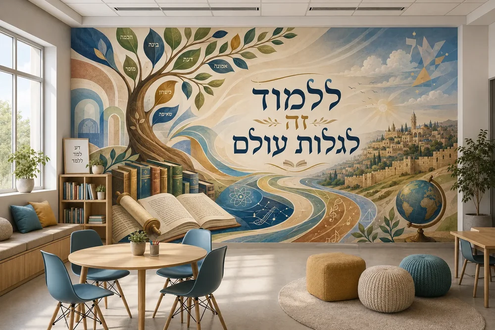 עץ עם עלים מסומנים, אוסף ספרים ומגילה פתוחה בצבעים כחול, ירוק ובז'.
