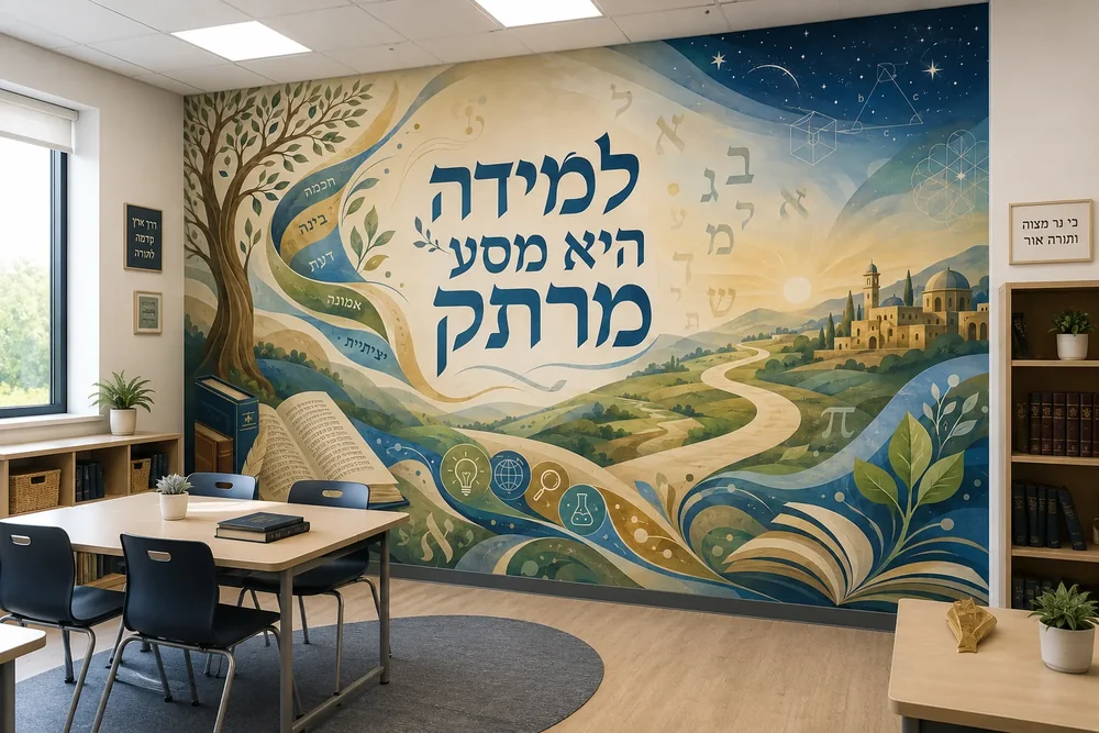 עץ גדול עם עלים ירוקים, ספר פתוח ודרך מתפתלת לעיר תחת שמיים מלאי כוכבים, בצבעים כחול, ירוק ובז'