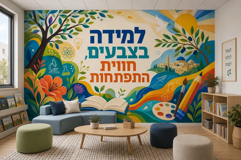 טפט נוף חינוכי צבעוני על קיר בכיתה עם שולחנות עץ ותאורה טבעית.