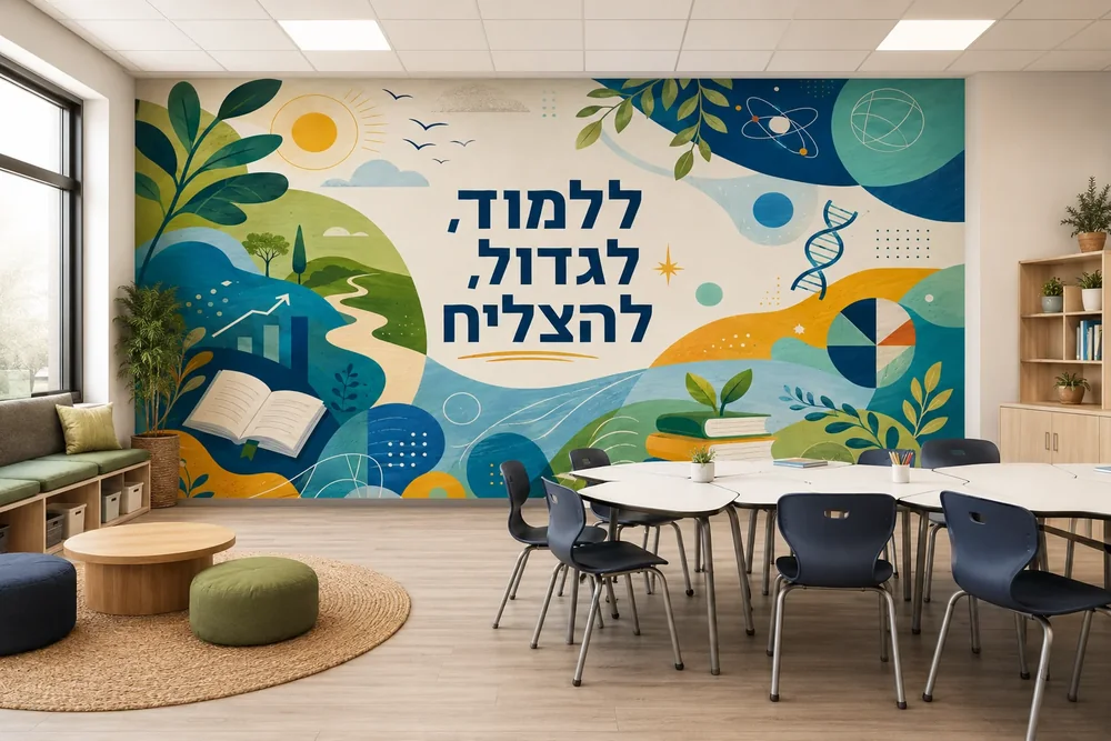 טפט עם נוף הררי ועצים על קיר בכיתה, ליד שולחנות כתיבה וכיסאות תלמידים
