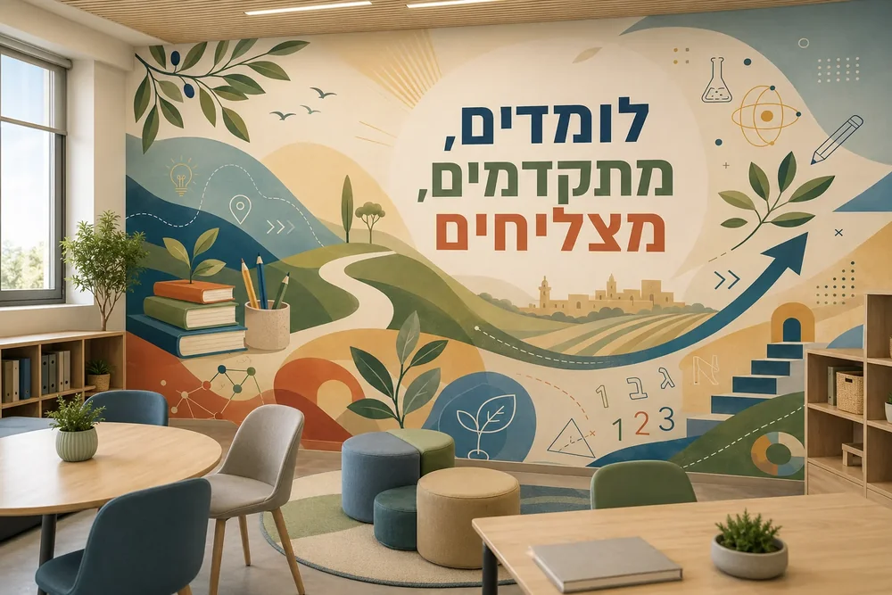 טפט עם נוף מסוגנן של גבעות ושביל בחדר כיתה עם שולחנות עץ וכיסאות ירוקים.