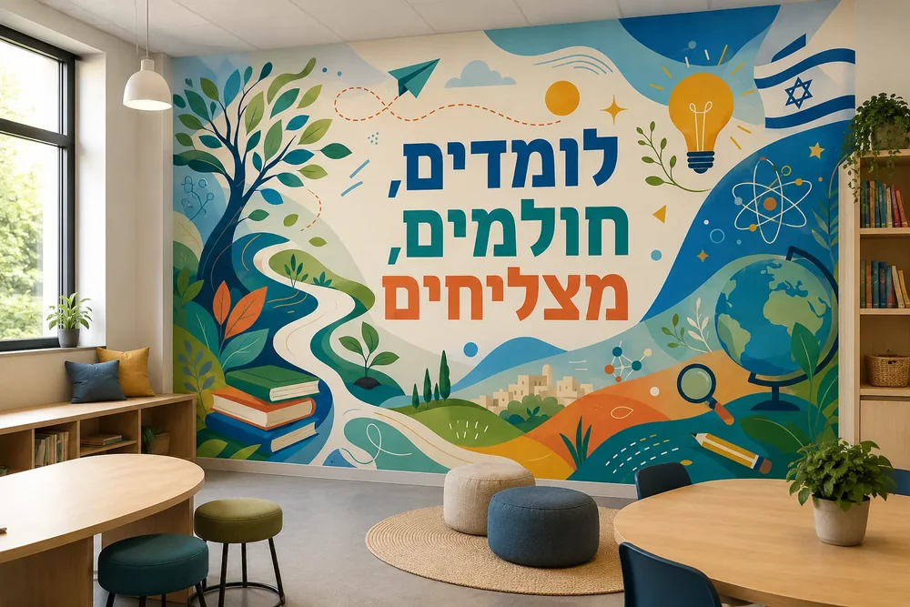 טפט עם עץ, ספרים וגלובוס על קיר בכיתה עם שולחנות עץ וכיסאות צבעוניים.