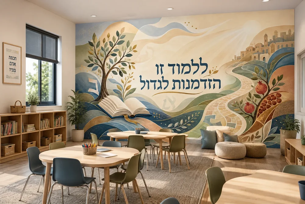 ספר פתוח עם עץ ושביל מתפתל לכפר שטוף שמש בצבעים כחול, בז' וירוק, סגנון איורי.