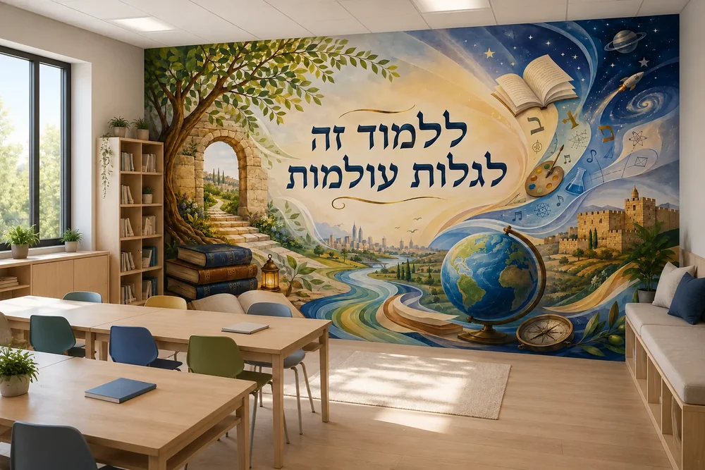 טפט עם ספר פתוח, גלובוס ומצפן על קיר בכיתה עם שולחנות עץ ותאורה טבעית.