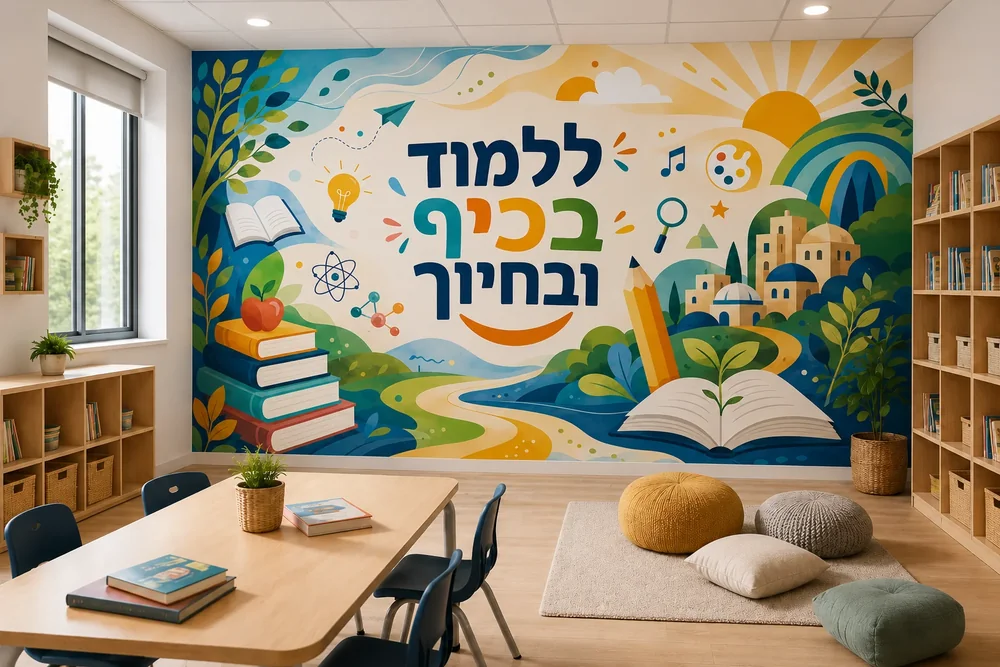 טפט עם אלמנטים חינוכיים וטבע על קיר בכיתה עם שולחנות וכיסאות עץ, אור טבעי מהחלון.