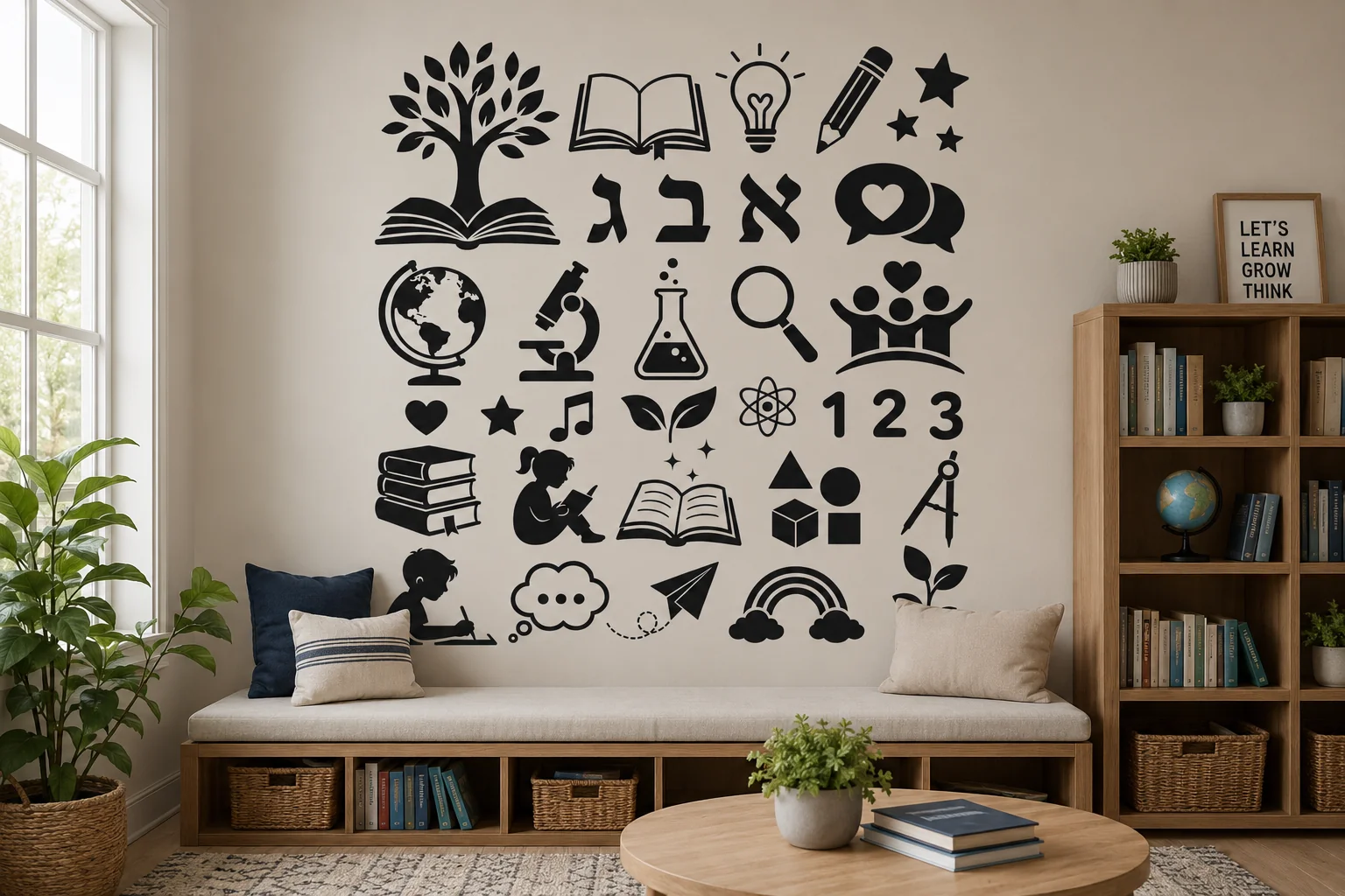 מדבקת סמלים חינוכיים על קיר בכיתה עם שולחנות עץ וכיסאות מתכת