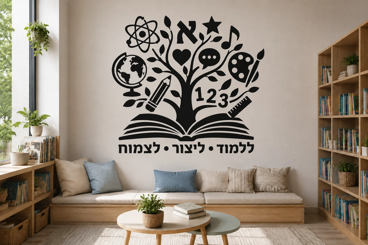מדבקת עץ חינוכי על קיר בכיתה עם שולחנות עץ וכיסאות מתכת, תאורה טבעית ורקע בהיר.
