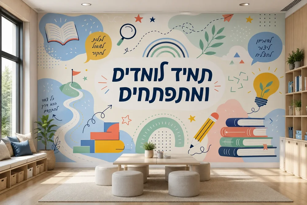 טפט עם מוטיבים חינוכיים על קיר בכיתה עם שולחנות עץ וכיסאות צבעוניים