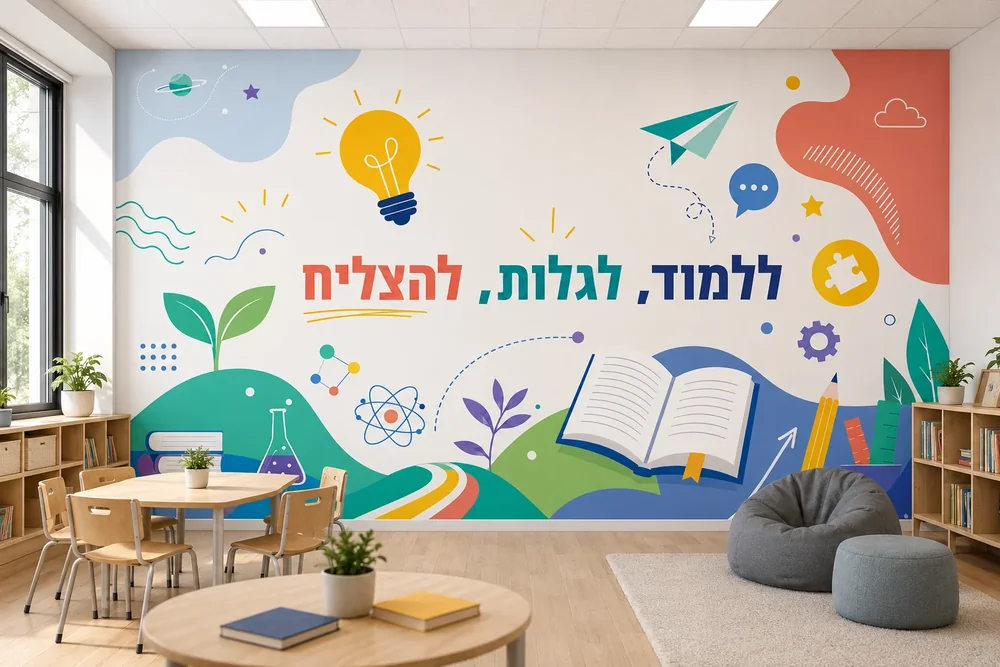 טפט סמלי חינוך עם ספר פתוח ונורה מנצנצת על קיר בכיתה עם שולחנות עץ וכיסאות ירוקים.