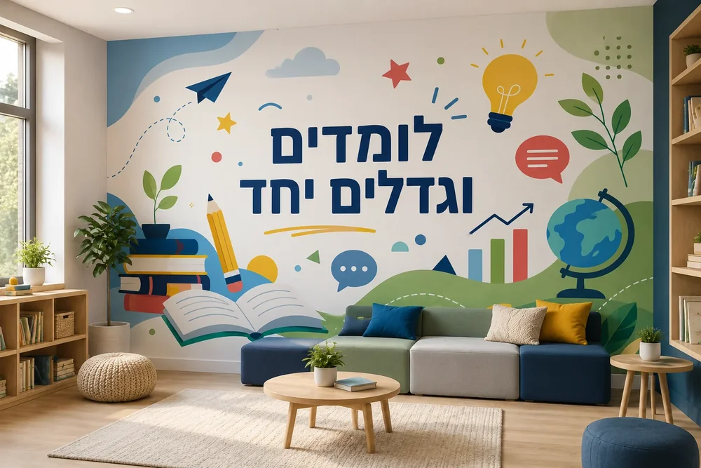 טפט סמלים חינוכיים על קיר בכיתה עם שולחנות וכיסאות עץ, תאורה טבעית מהחלון