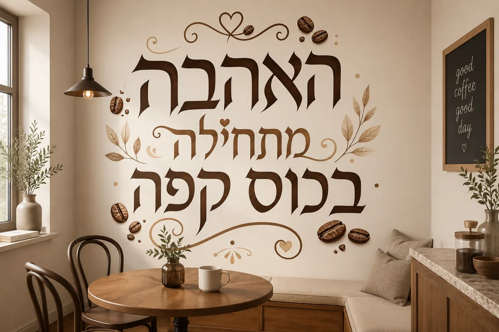 טפט עם ציטוט אהבה לקפה על קיר במטבח עם שולחן עץ לבן וכסאות מודרניים.