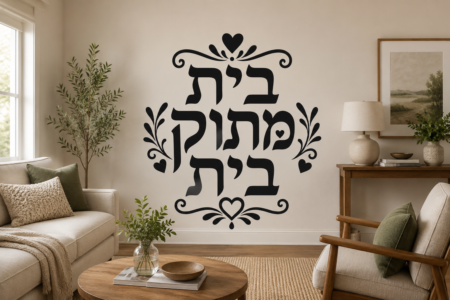 מדבקת סילואט שחורה עם הכיתוב 'בית מתוק בית' על קיר בחדר מגורים, ליד מדף עץ עם עציצים