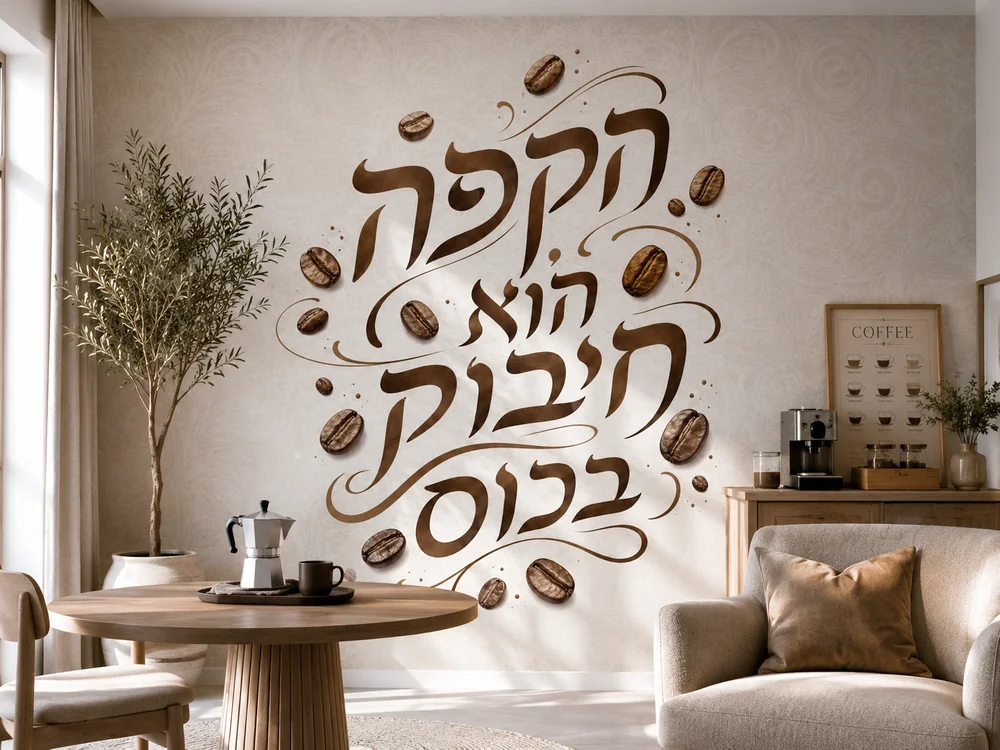 טפט עם ציטוט עברי ופולי קפה מאוירים על קיר במטבח מודרני עם שולחן עץ וכיסאות מתכת