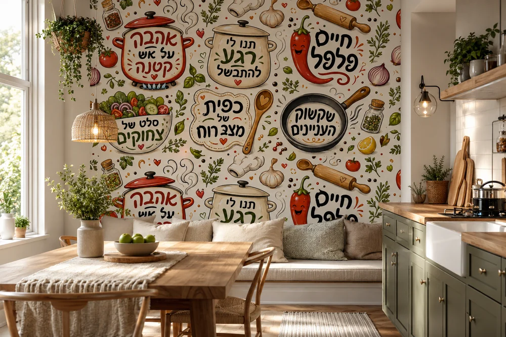 טפט משחקי מילים קולינריים על קיר במטבח מודרני עם ארונות לבנים ותאורה רכה.