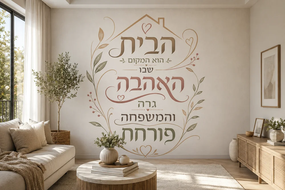 טפט טיפוגרפי עברי על קיר בחדר מגורים עם כורסה אפורה ותאורה חמימה