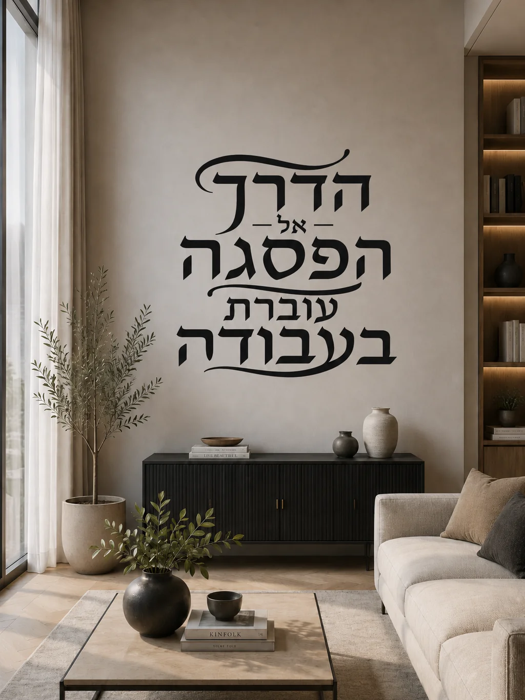 מדבקת קליגרפיה עברית על קיר לבן בחדר עם מדף ספרים ותאורה רכה