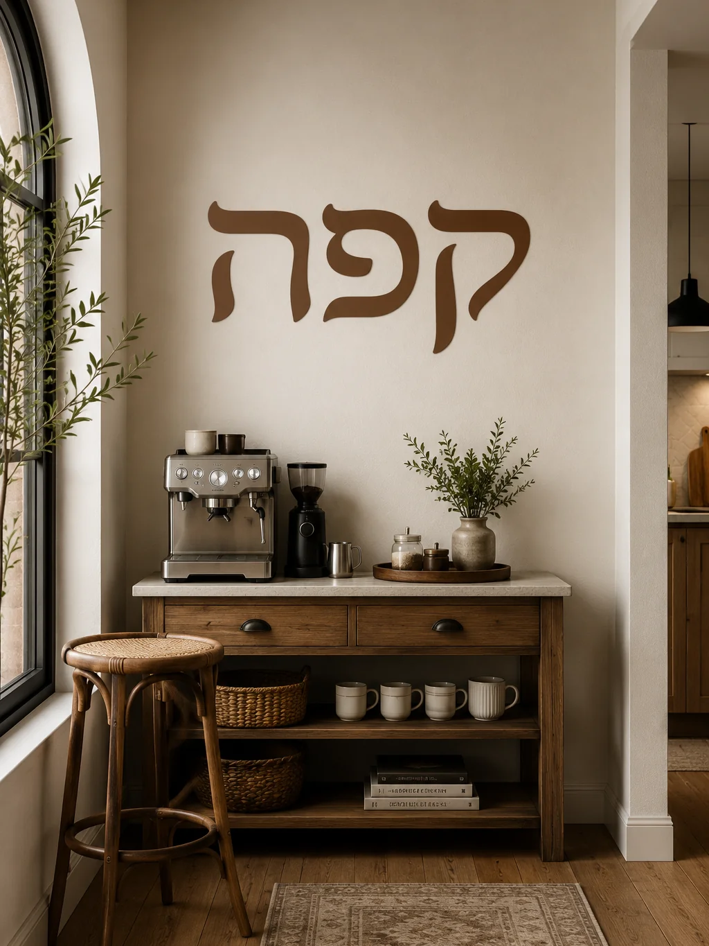 מדבקת אותיות עבריות על קיר בסלון מודרני עם כורסאות אפורות ושולחן זכוכית.