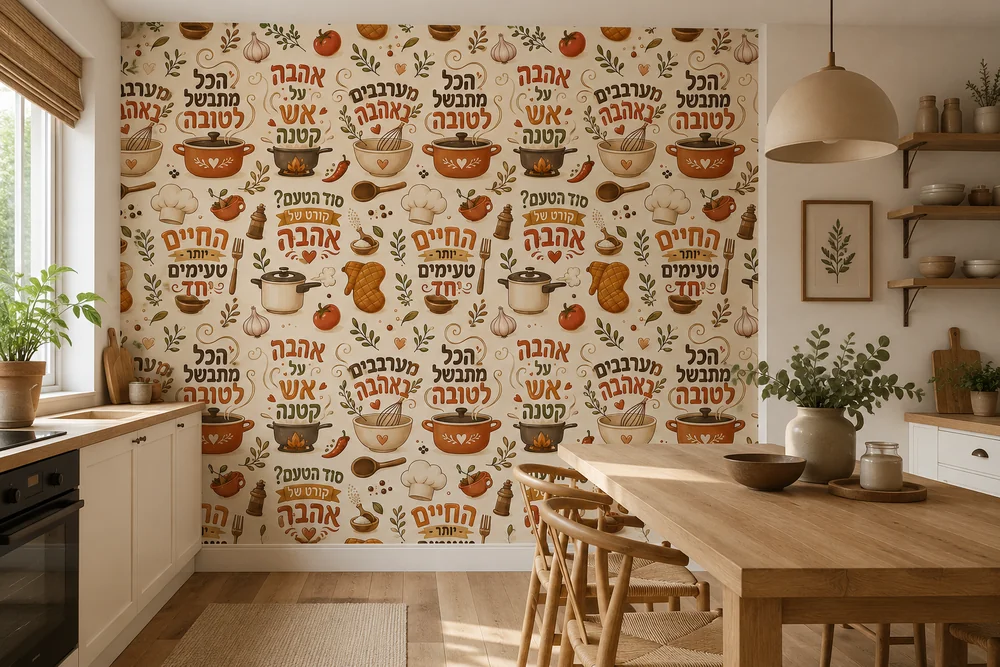 טפט טיפוגרפיה עברית על קיר במטבח עם מדפי תבלינים ועציצים ירוקים ברקע.