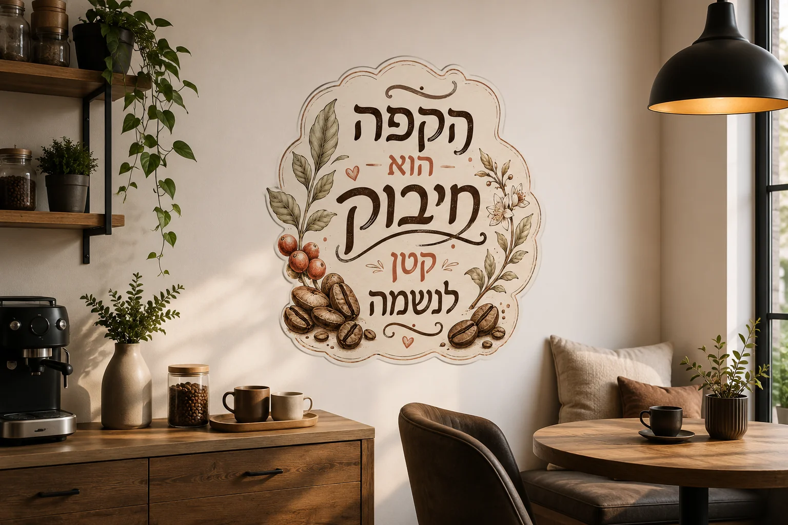 מדבקה עם עיצוב פולי קפה ועלים על קיר בחדר עם כורסה ירוקה ושולחן קטן מעץ.