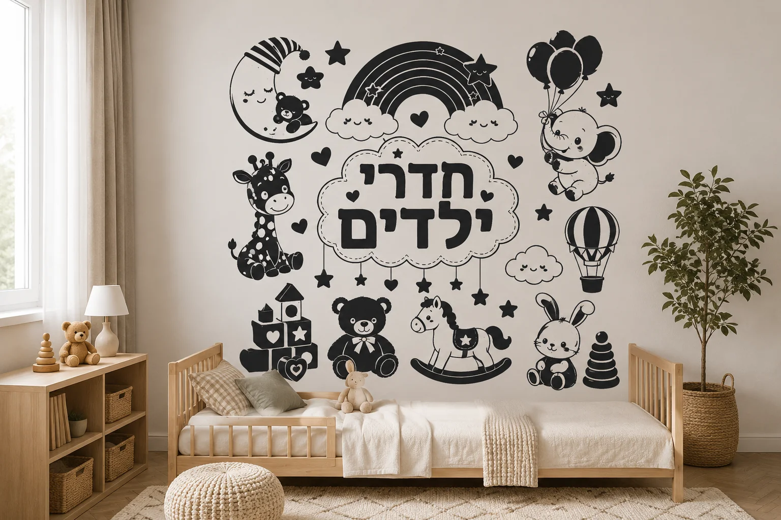מדבקה עם ירח דובי, קשת בענן ופיל על קיר בחדר ילדים עם מיטת עץ וצעצועים מפוזרים.