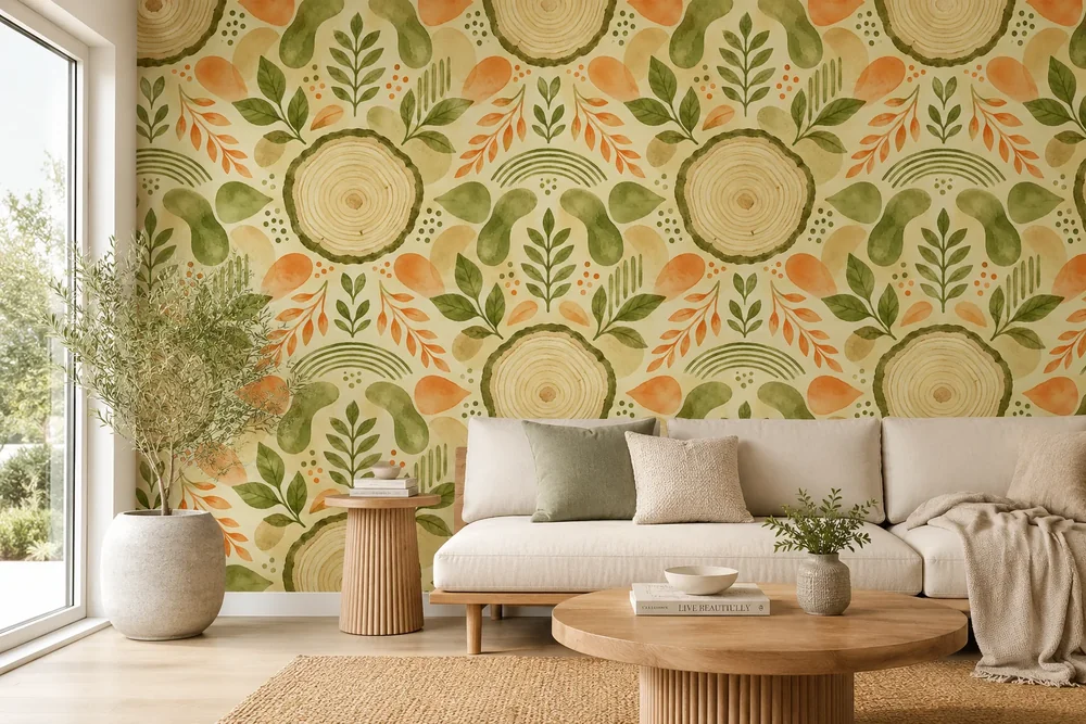 טפט עם דוגמה של טבעות עצים ועלים על קיר בסלון עם כורסאות ירוקות ושולחן עץ בהיר.
