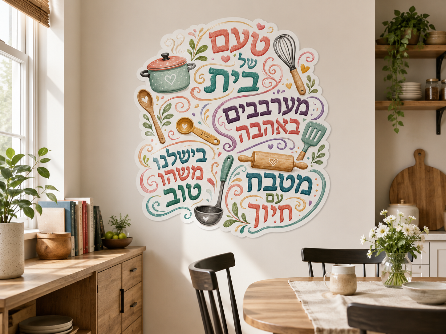 מדבקת טיפוגרפיה עברית על קיר במטבח עם מדפי עץ וכלי בישול מעוצבים.