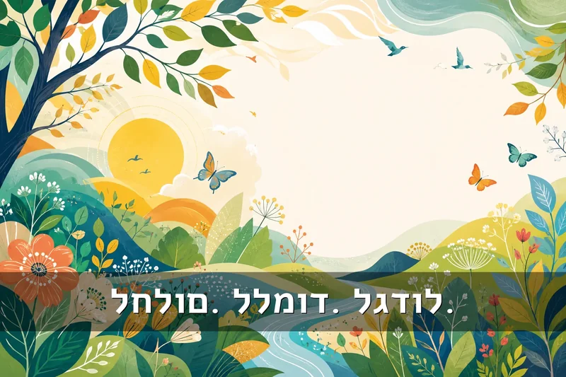 נוף טבעי עם גבעות, נהר ופרפרים בצבעים ירוק, צהוב וכחול בסגנון צבעוני.