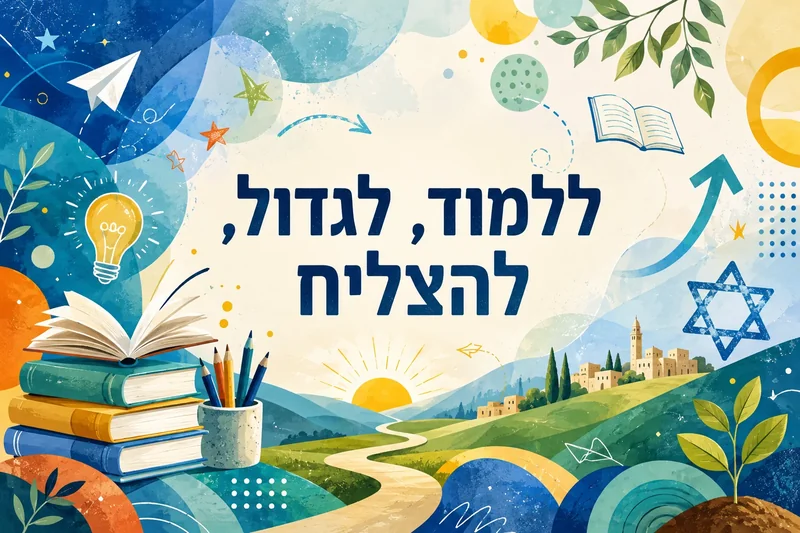 קולאז' מאויר עם ספר פתוח, עפרונות, נורה, ונוף זריחה בצבעי כחול, ירוק וצהוב.