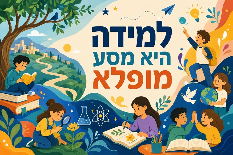 ילדים בפעילויות למידה בטבע עם סמלים חינוכיים, בצבעים כחול, ירוק וכתום