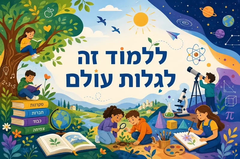 ילדים בפעילויות חינוכיות עם טלסקופ, ספרים וצבעים, בצבעים כחול, ירוק וכתום