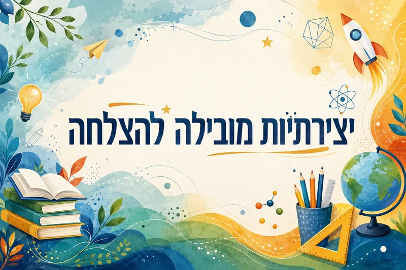 ערמת ספרים, גלובוס, רקטה וסמלים חינוכיים בצבעים כחול, ירוק וכתום