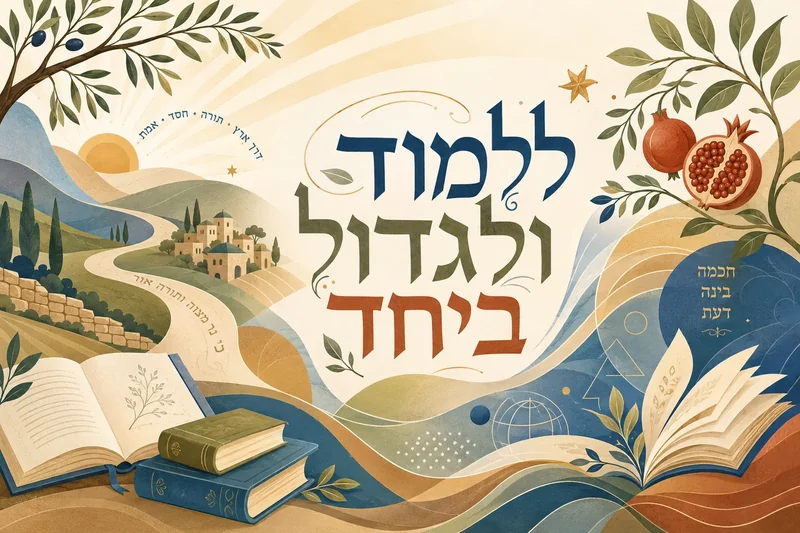 נוף סגנוני עם גבעות, כפר, שמש וספרים פתוחים בגווני אדמה, כחול וירוק.