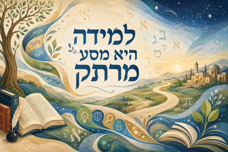 עץ גדול עם עלים ירוקים, ספר פתוח ודרך מתפתלת לעיר תחת שמיים מלאי כוכבים, בצבעים כחול, ירוק ובז'